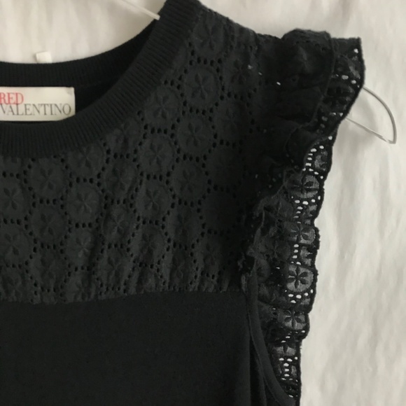 Red Valentino Knit Fit & Flare Sleeveless Ruffle Dress M Black Eyelet Bodice Y2K - Picture 7 of 11